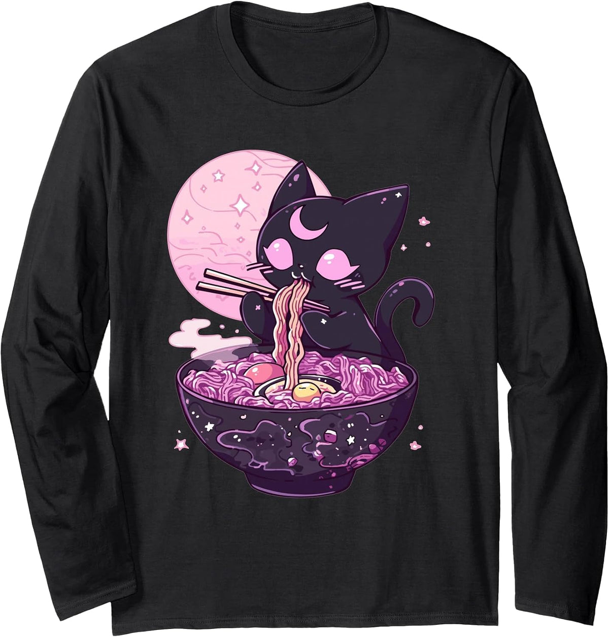 Pastel Goth Aesthetic Kawaii Creepy Cat Eating Ramen Noodles Long Sleeve T-Shirt - Adult Unisex Black