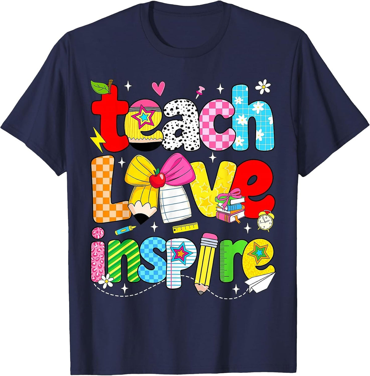 Teach Love Inspire Trendy Teacher Back to School First Day T-Shirt - Navy Blue