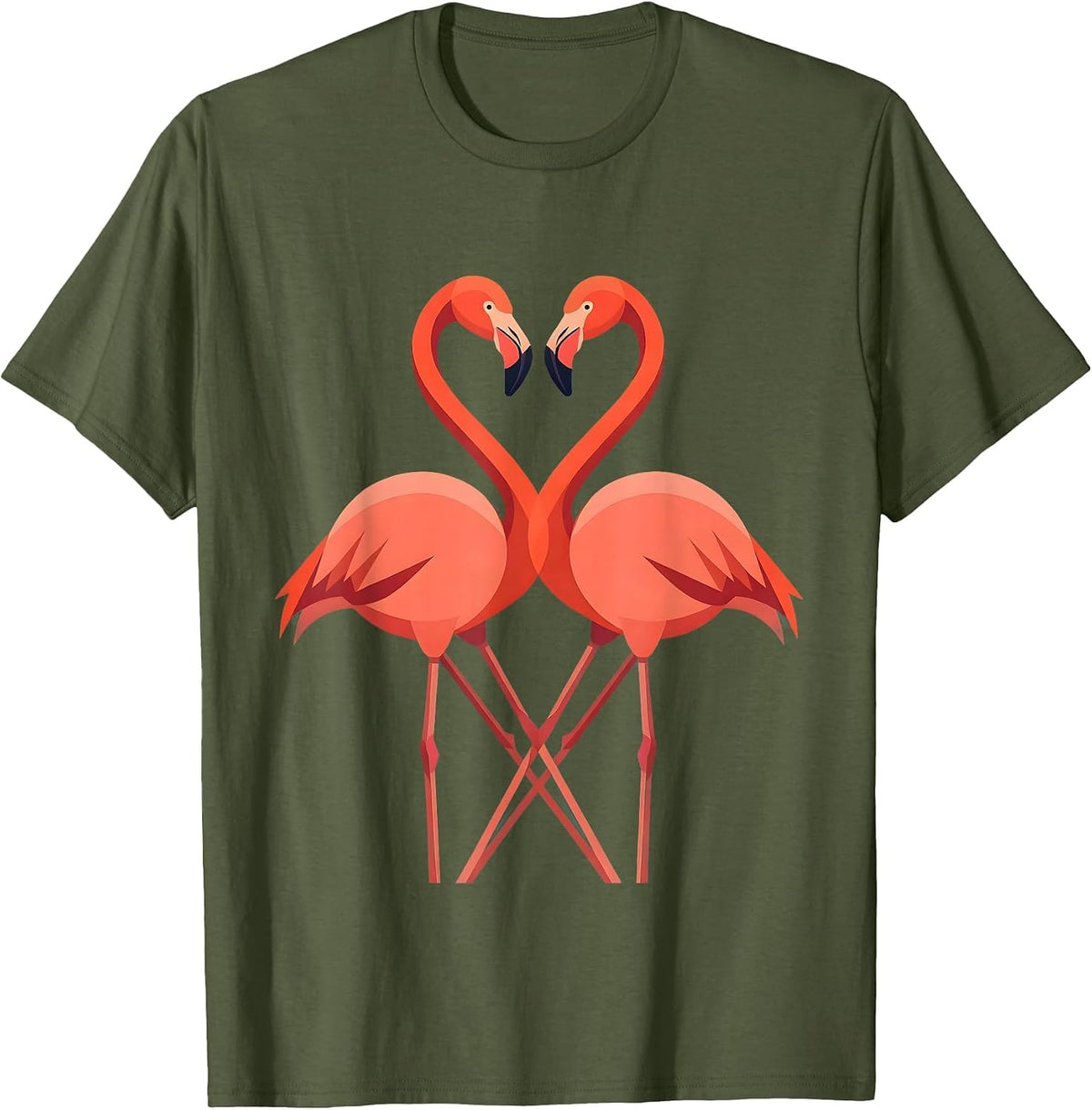 Flamingo Heart Love Romantic Bird Illustration T-Shirt - Olive Green