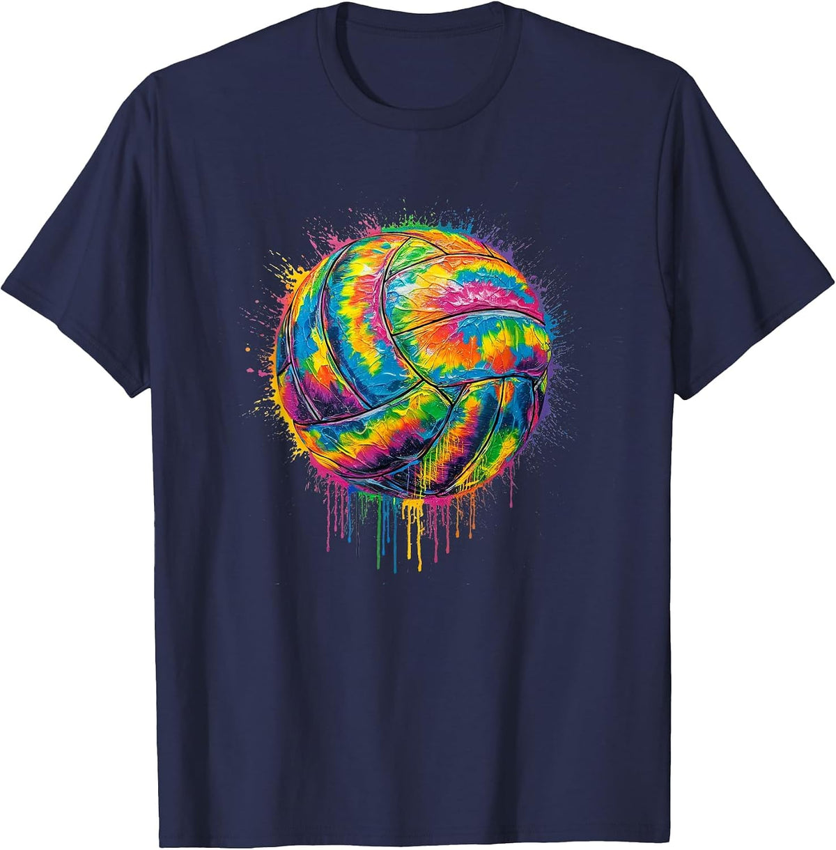 Volleyball Girls Teen Tie Dye Colorful Paint Drip Bump Spike T-Shirt - Navy Blue