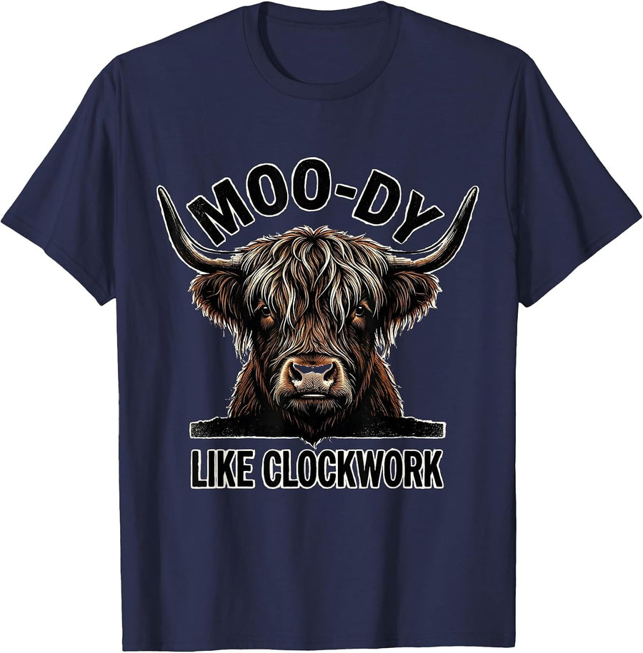 Moo-Dy, Like Clockwork Rubber Stamp Highland Cow Farm Humor T-Shirt - Navy Blue