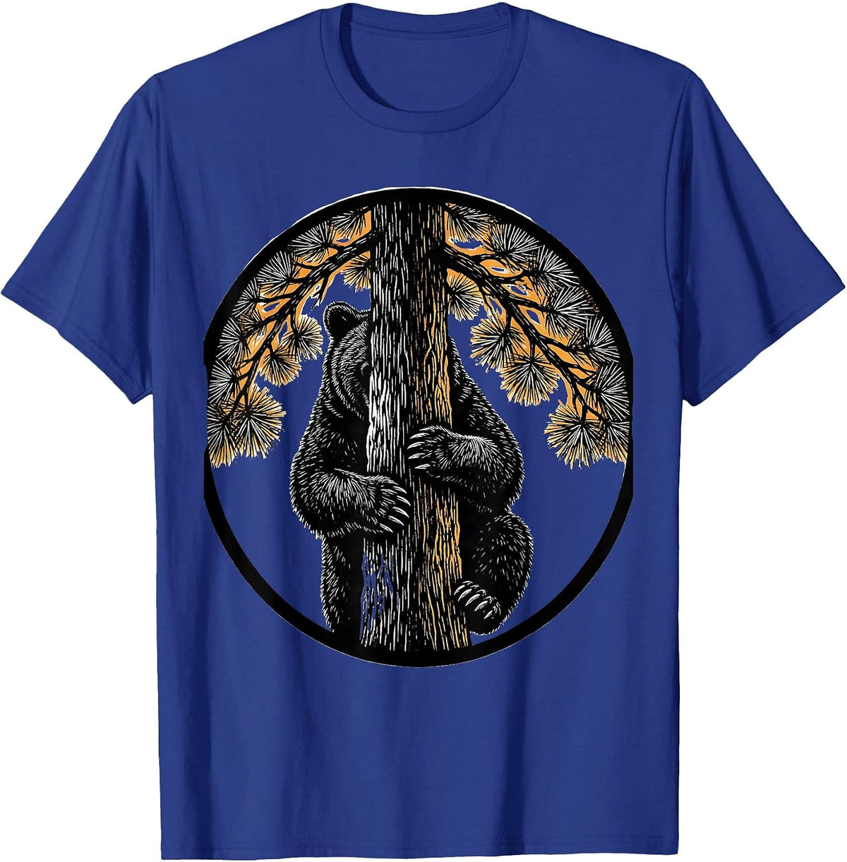 Bear Cub Climbing Pine Tree Nature Illustration T-Shirt - Royal Blue
