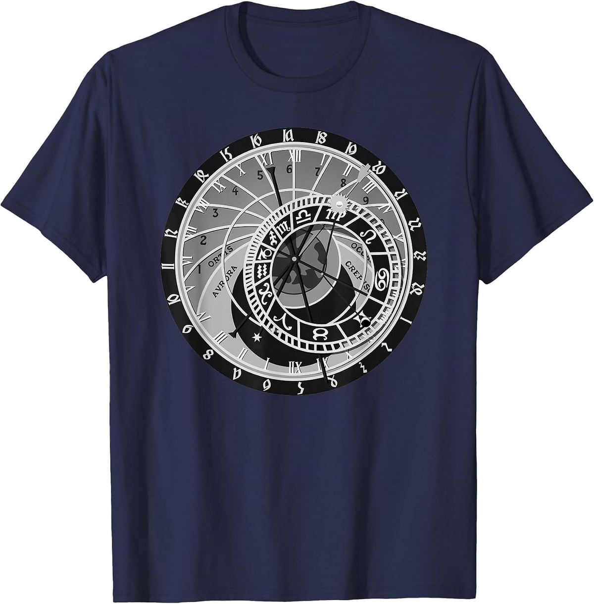 Prague Astronomical Clock T-Shirt Astrology Tee T-Shirt - Navy Blue