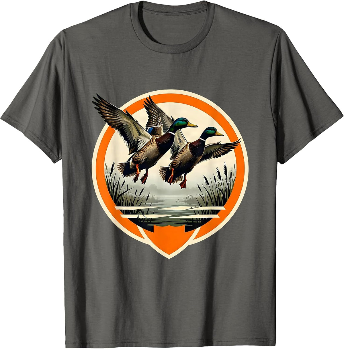 Men's Mallard Duck Camo Foggy Marsh Landing Art T-Shirt - Asphalt Grey