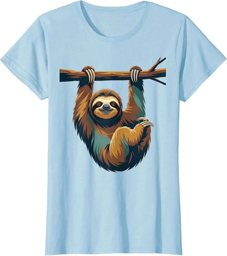 Women's Exhausted Sloth Hanging From a Branch T-Shirt - Baby Blue