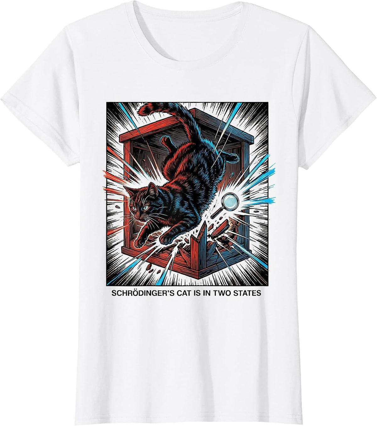Women's Schrödinger's Cat Is In Two States Comic Book Physics Humor T-Shirt - White