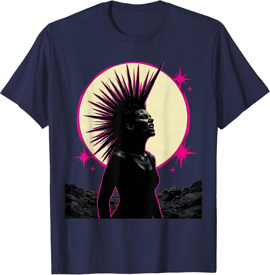 Mohawk Howling at the Moon Rock Art Design T-Shirt - Navy Blue