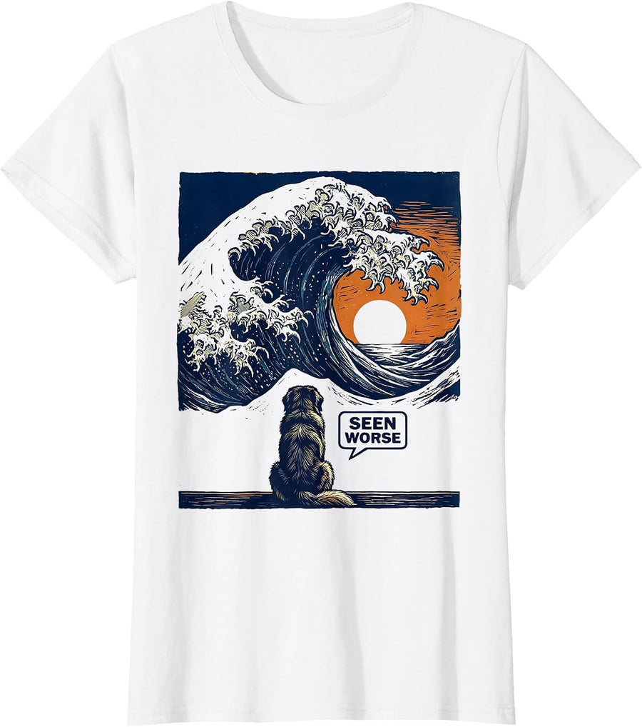 Women's Seen Worse Linocut Great Wave Dog Breed Humor T-Shirt - White