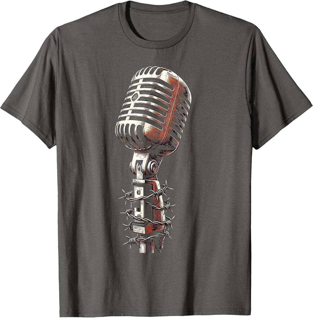 90s Band Barbed Wire Microphone Stand Graphic T-Shirt - Asphalt Grey