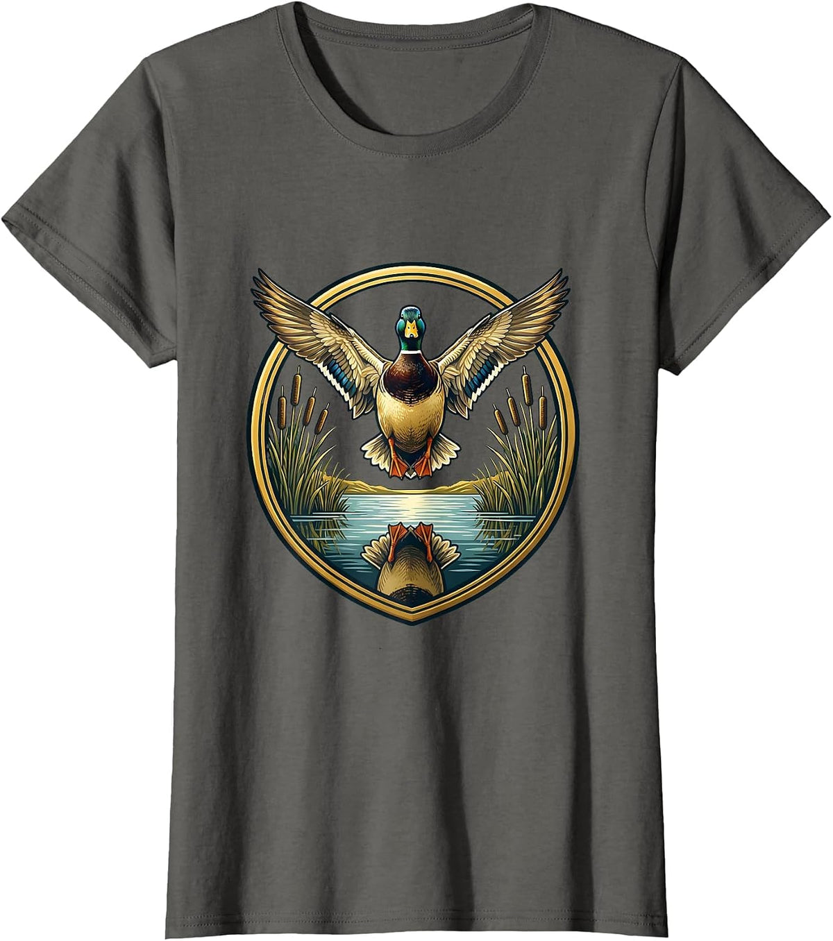 Women's Duck Flying Over Misty Marsh Reeds Illustration T-Shirt - Asphalt Grey