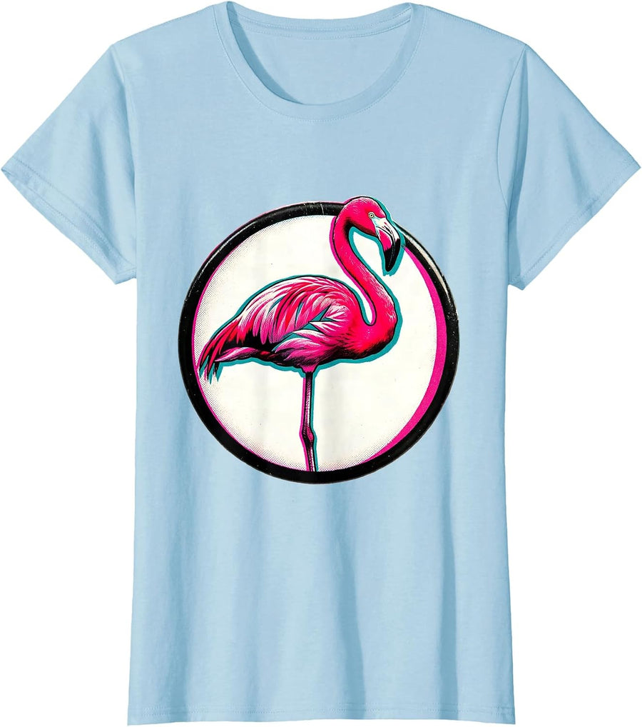 Women's Sealed Flamingo Badge Retro Novelty Bird Lover Gift T-Shirt - Baby Blue