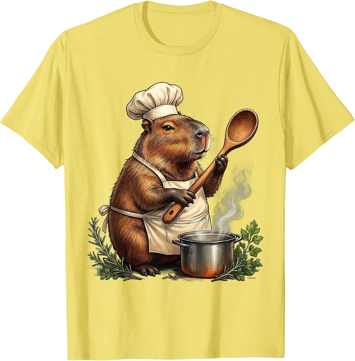 Men's Capybara Chef With Oversized Wooden Spoon T-Shirt - Lemon Yellow