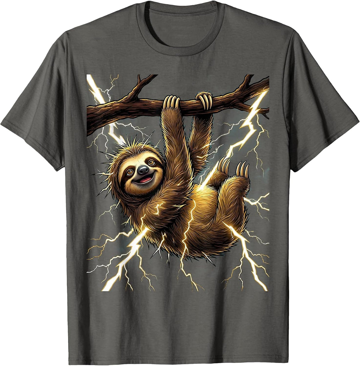 Men's Sloth Hanging in a Lightning Storm Illustration T-Shirt - Asphalt Grey