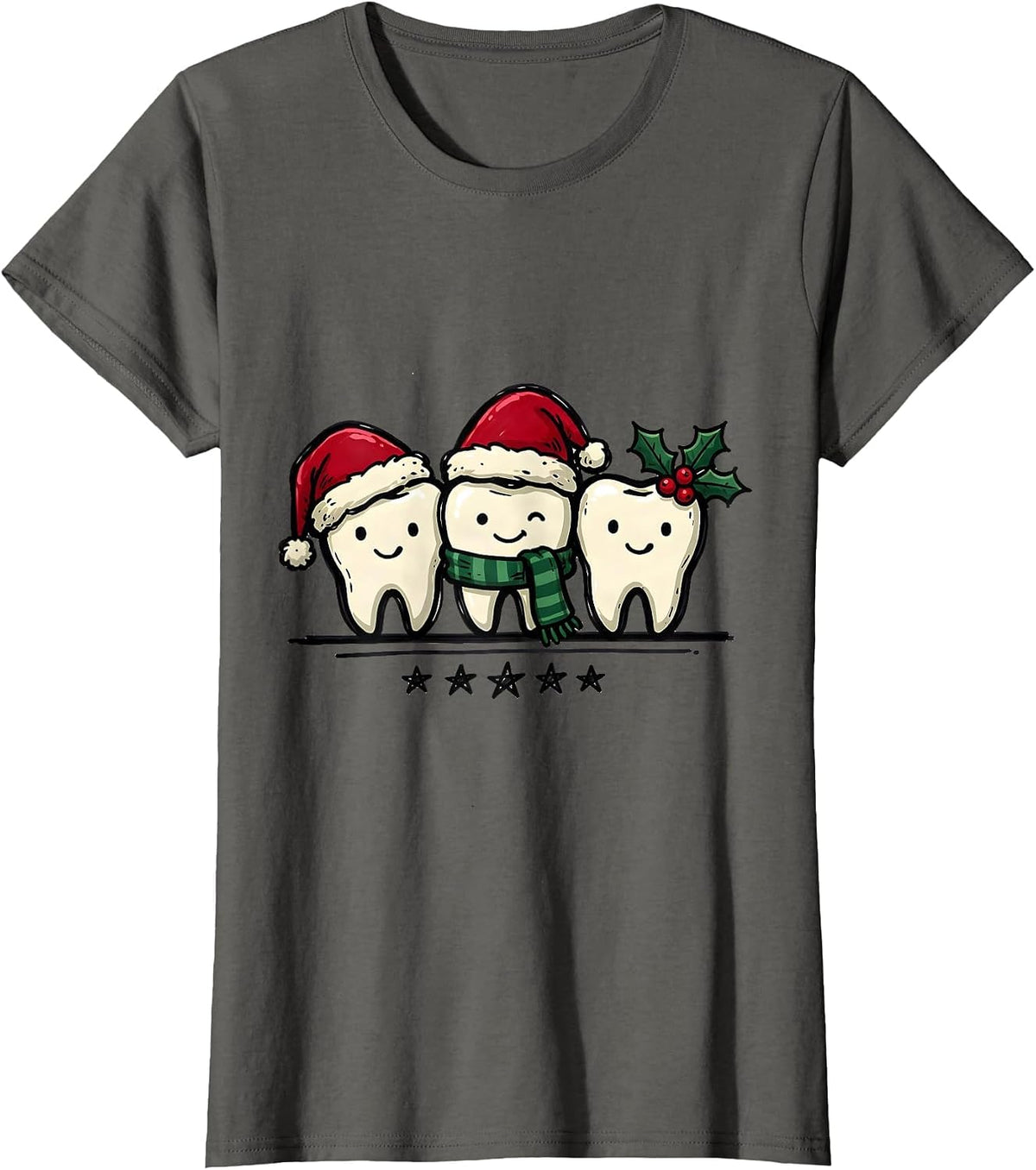 Women's Three Teeth Dental Christmas Staff Humor Crew T-Shirt - Asphalt Grey