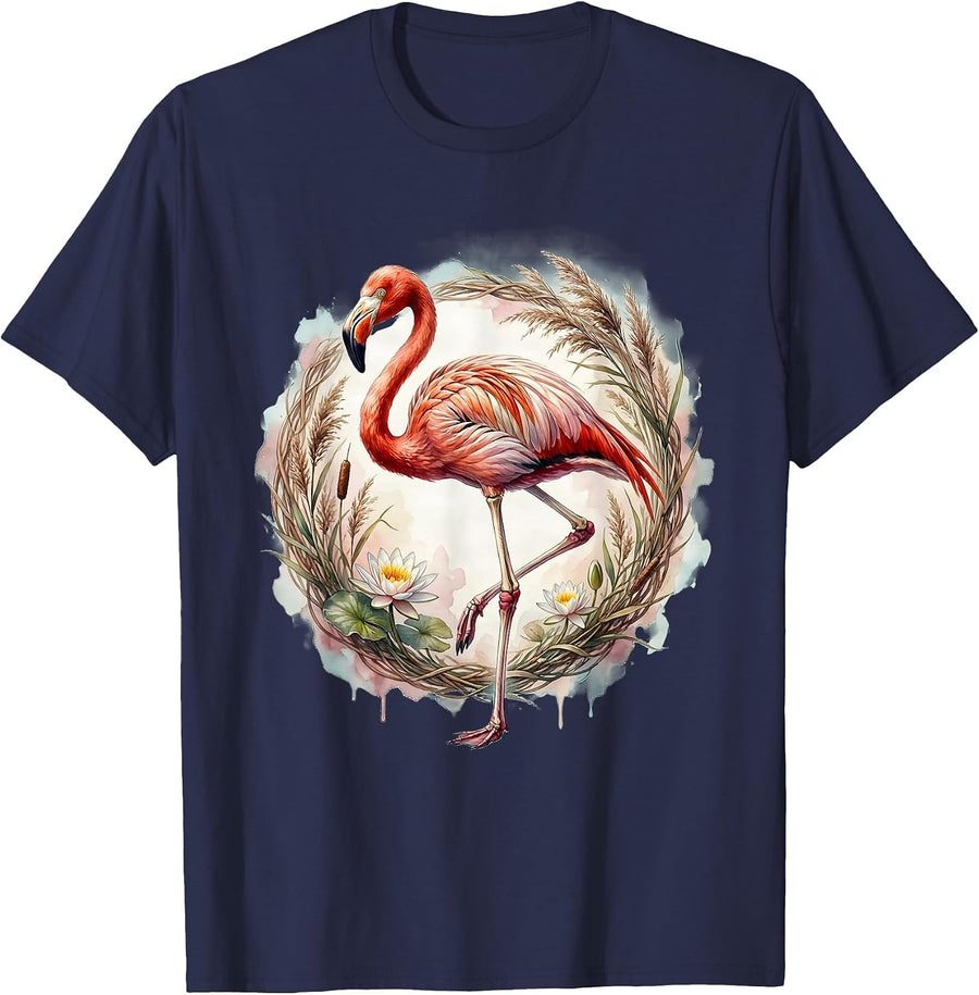 Flamingo Skeleton Elegant Pose Graphic T-Shirt - Navy Blue