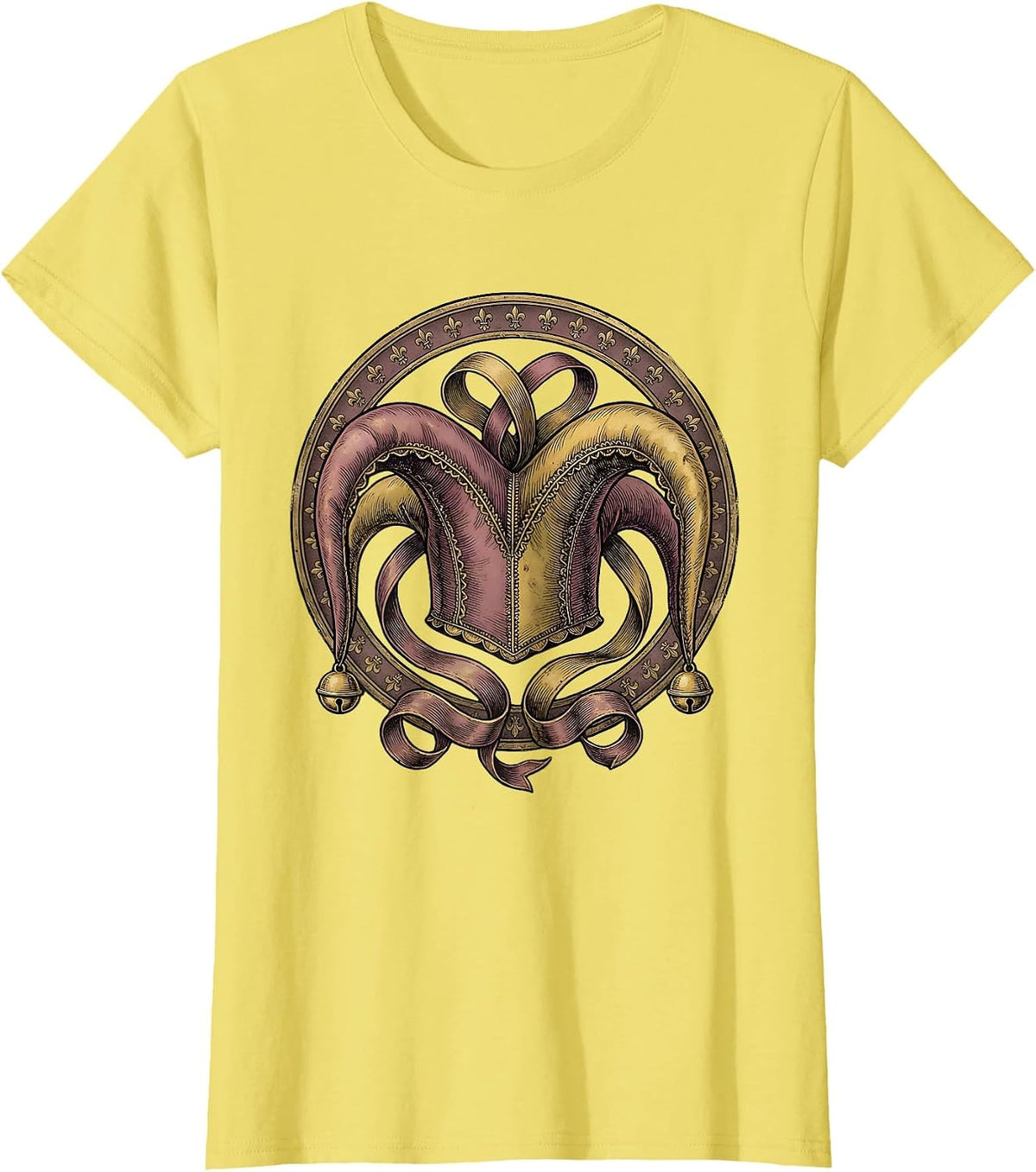 Women's Mardi Gras Jester Hat with Bells and Ribbons T-Shirt - Lemon Yellow