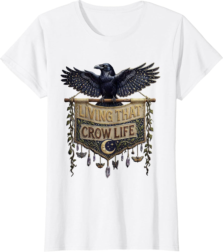 Women's Living That Crow Life Graphic Design T-Shirt - White
