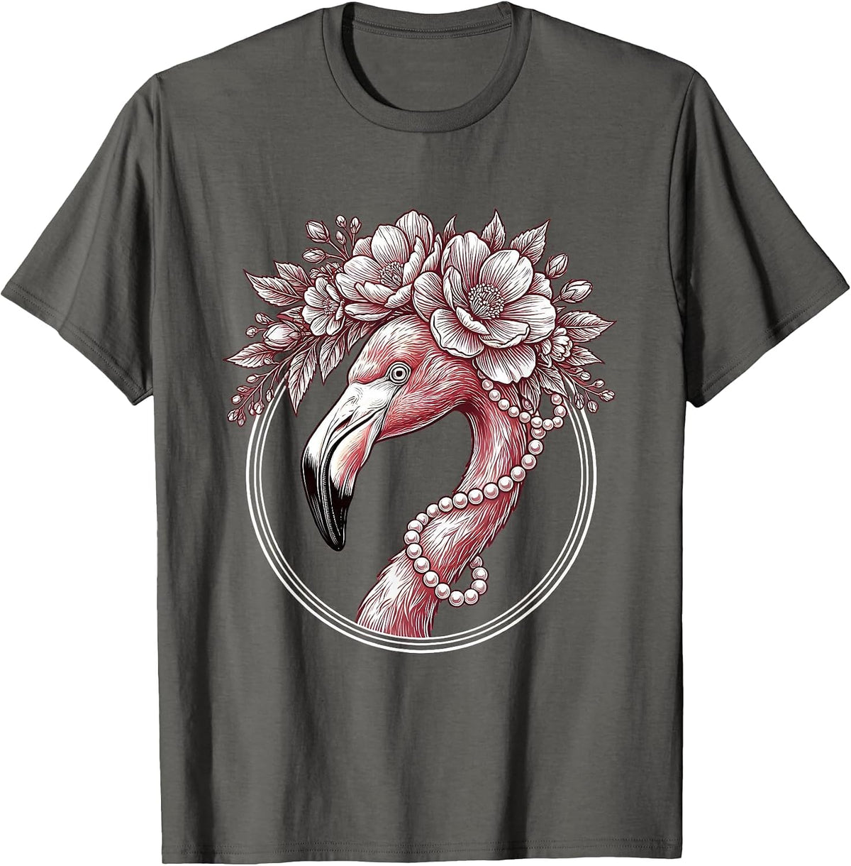Men's Flamingo Floral Crown and Pearls Illustration T-Shirt - Asphalt Grey