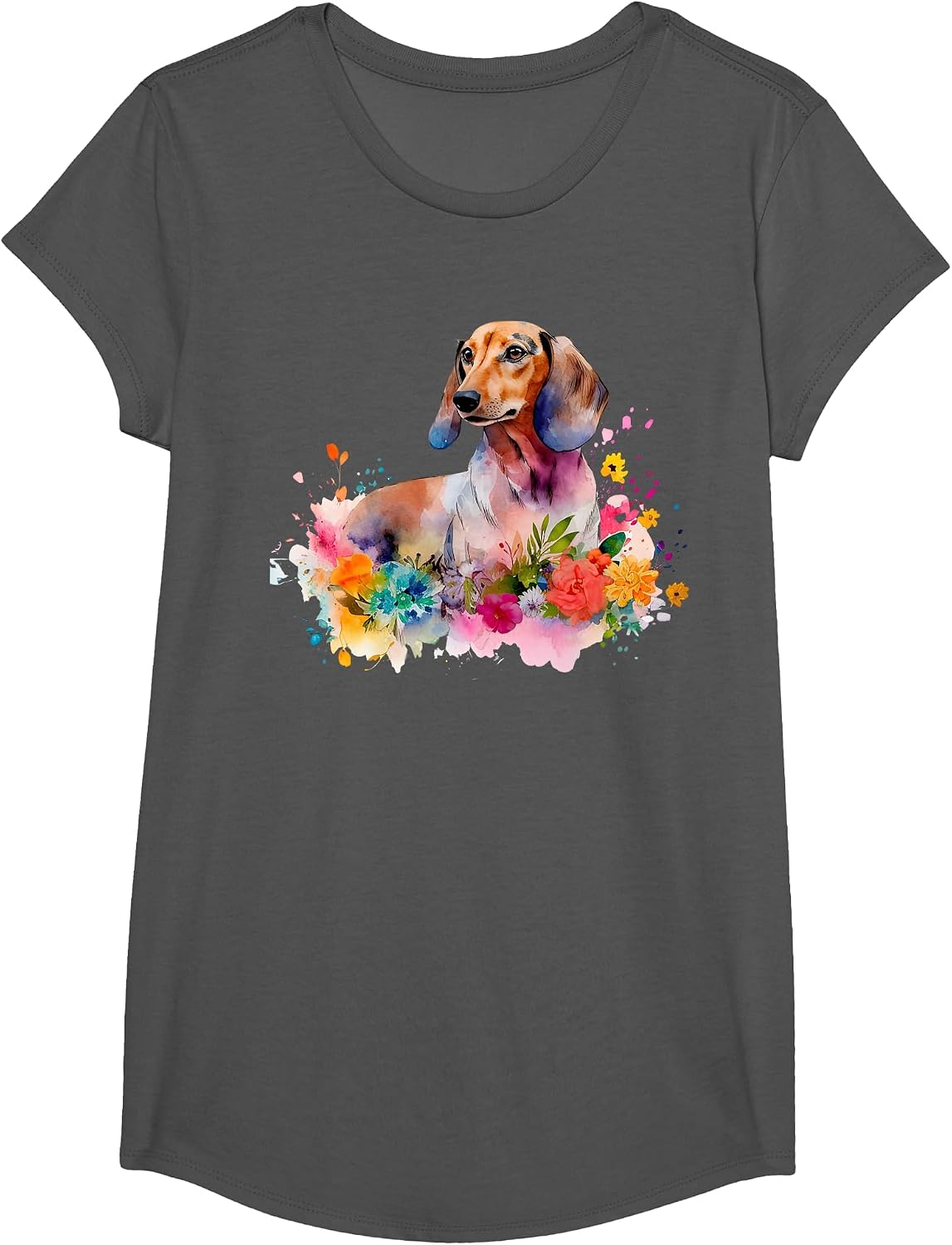Dachshund Watercolor Art Dog Dog Breed Woman Kids Floral T-Shirt - Girls Asphalt Grey