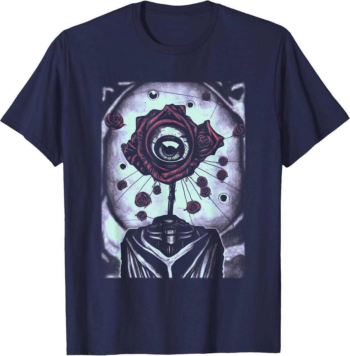 Eyeball Distressed Weirdcore Aesthetic Goth Grunge Eye Rose T-Shirt - Navy Blue