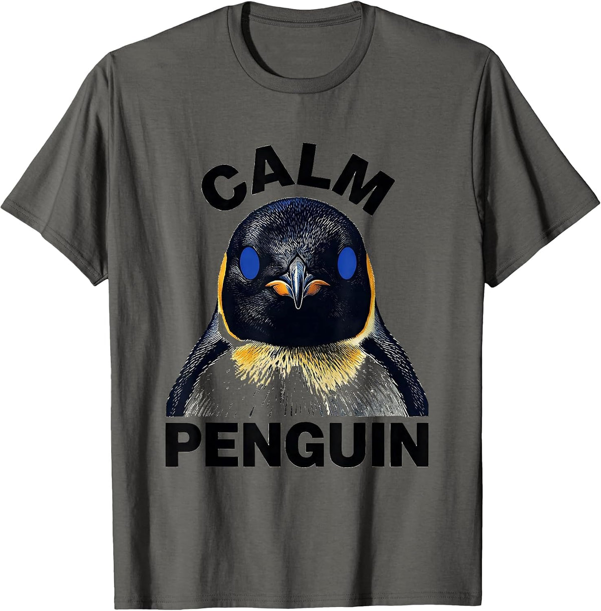 Calm Penguin Linocut Funny Animal Lover Novelty T-Shirt - Asphalt Grey