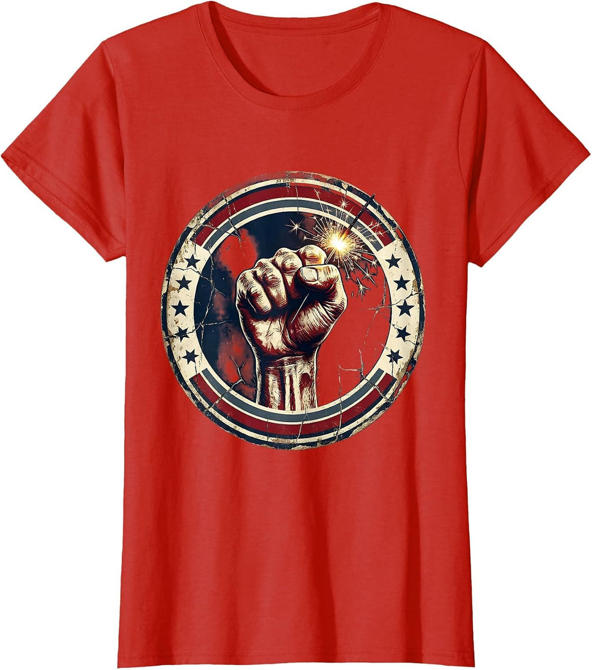 Raised Fist Sparkler Firework Patriotic Design T-Shirt - Red