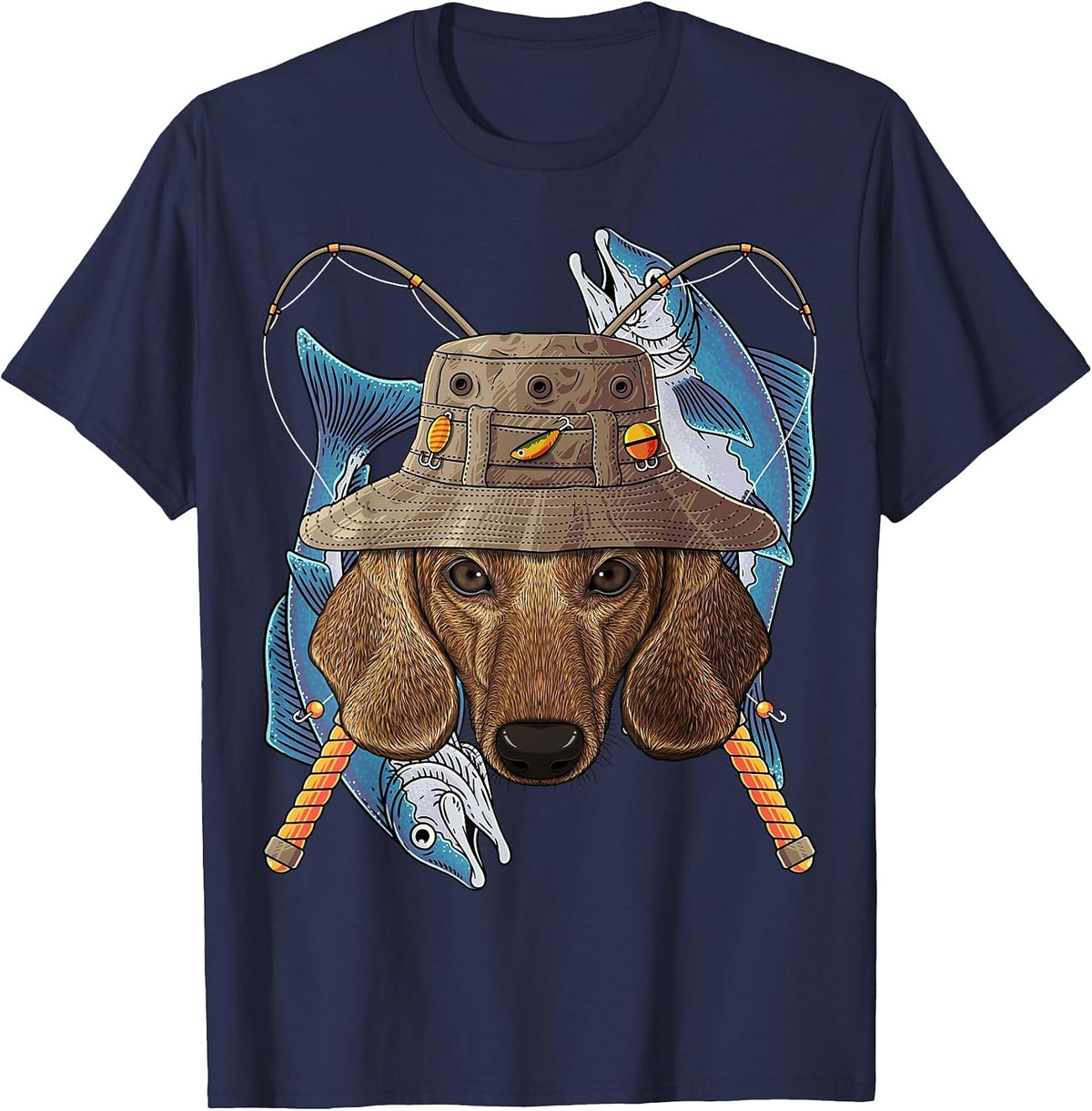 Outdoor Fisherman Dog Dachshund Cute Fly Fishing Dog T-Shirt - Navy Blue