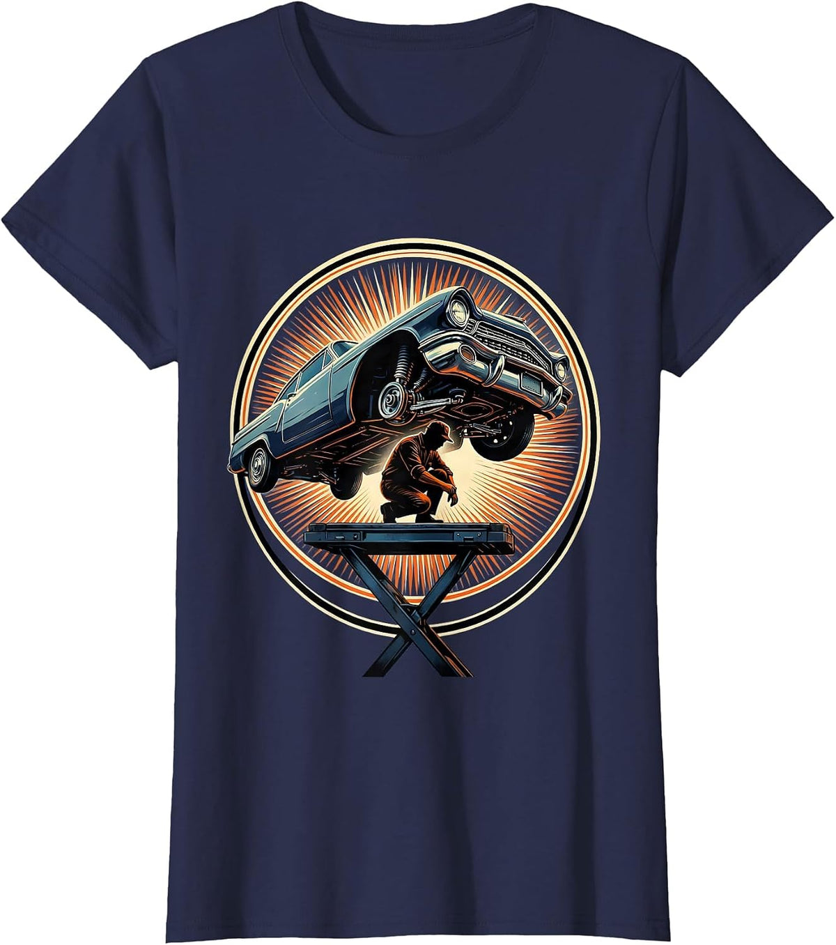 Women's Mechanic Under Car Chassis Graphic Tee T-Shirt - Navy Blue