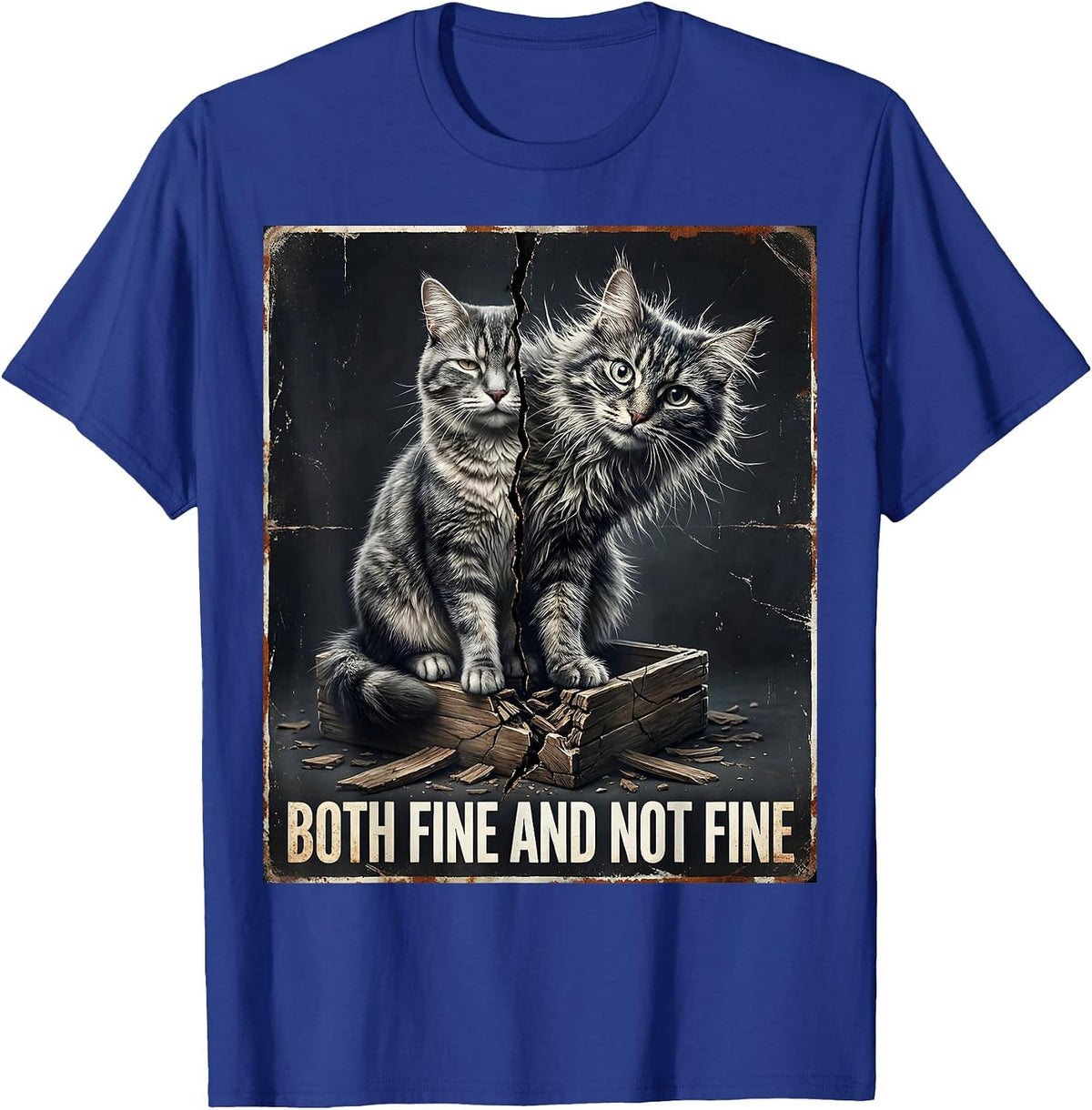 Both Fine And Not Fine Distressed Cat Quantum Physics Humor T-Shirt - Royal Blue