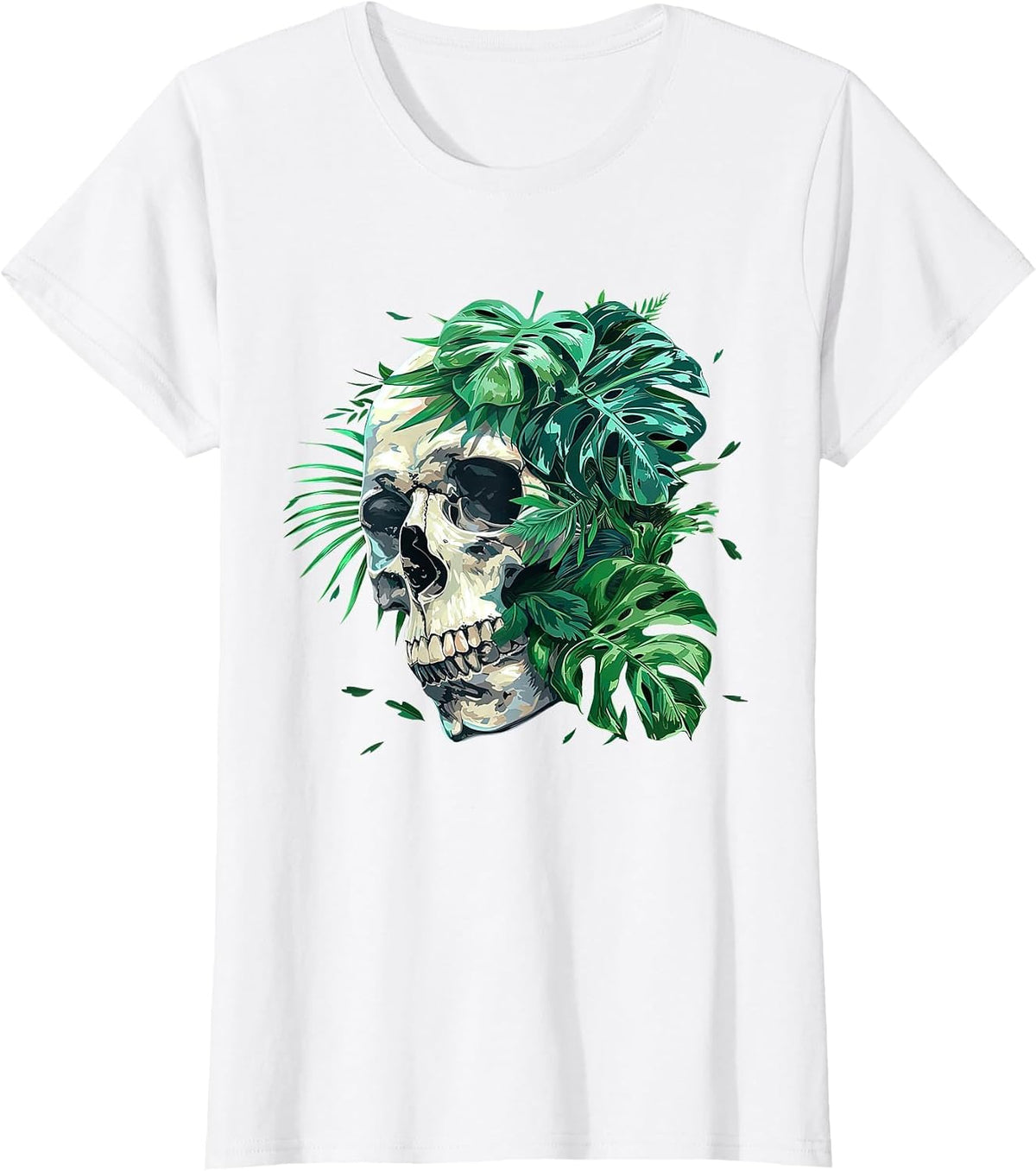 Aesthetic Goth Grunge Skull Tropical Monstera Leaf Skeleton T-Shirt - White