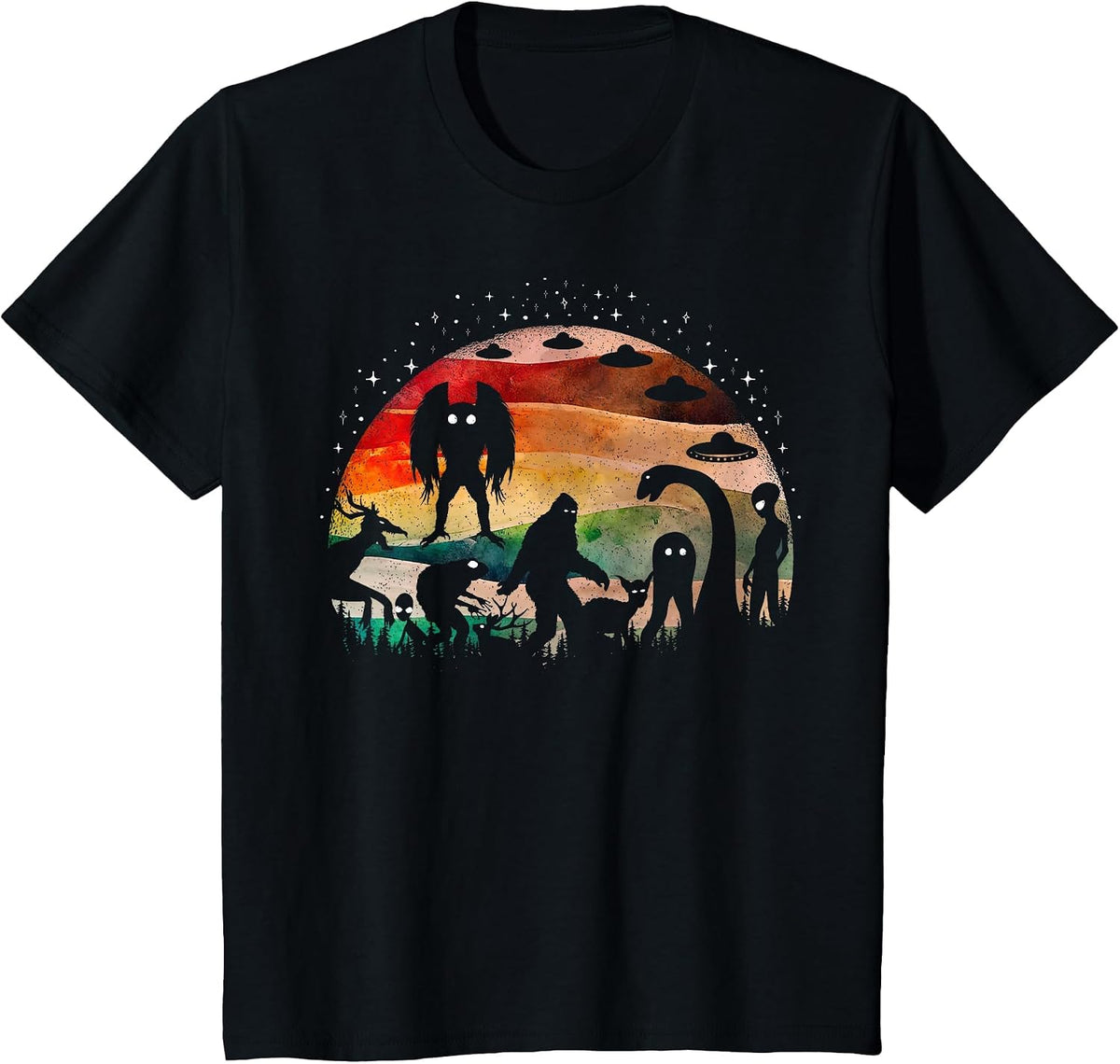 Retro Cryptid Funny Bigfoot Mothman and Aliens Cryptozoology T-Shirt - Black