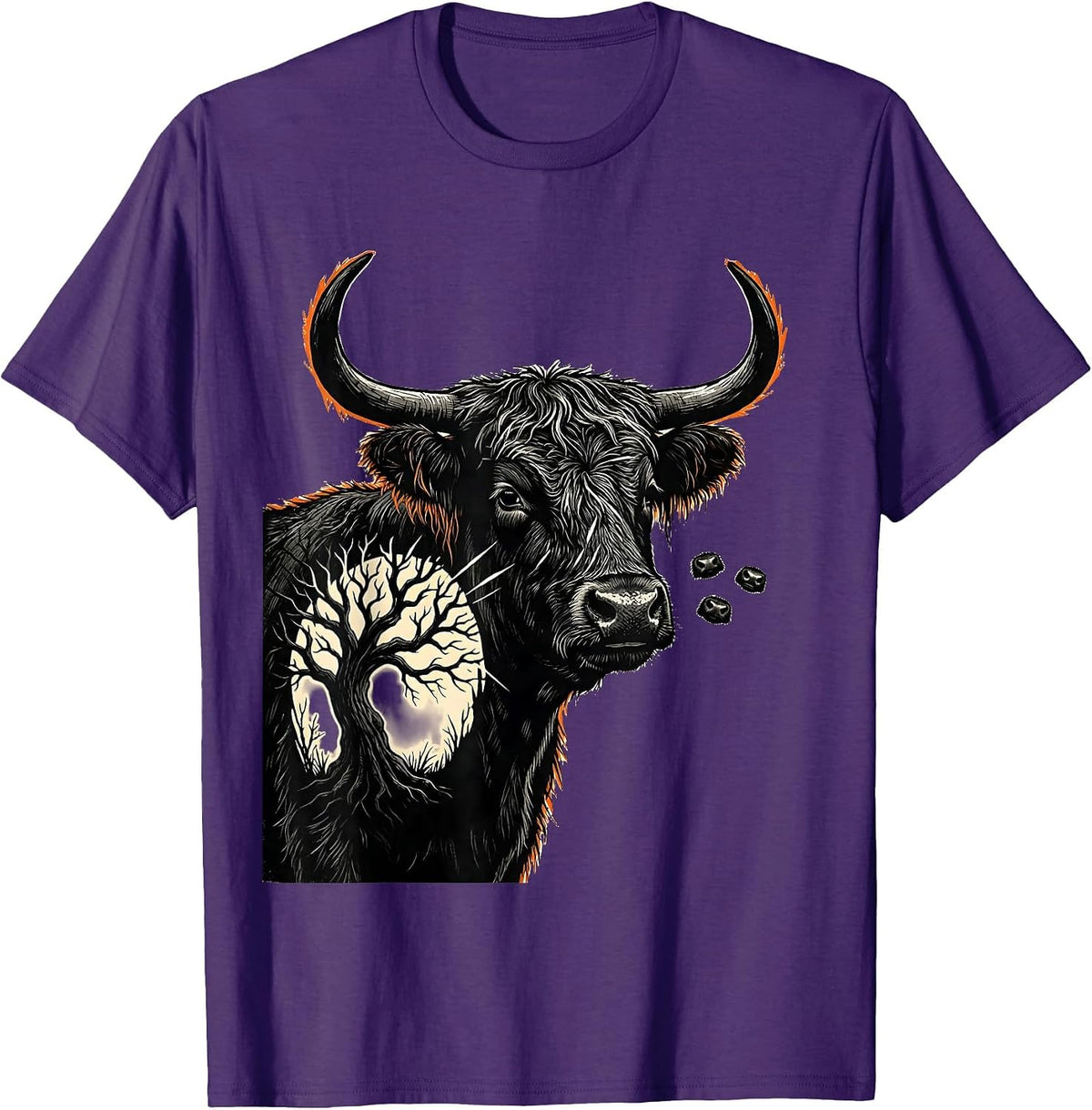 Shaggy Highland Cow Linocut Spooky Halloween Humor T-Shirt - Purple