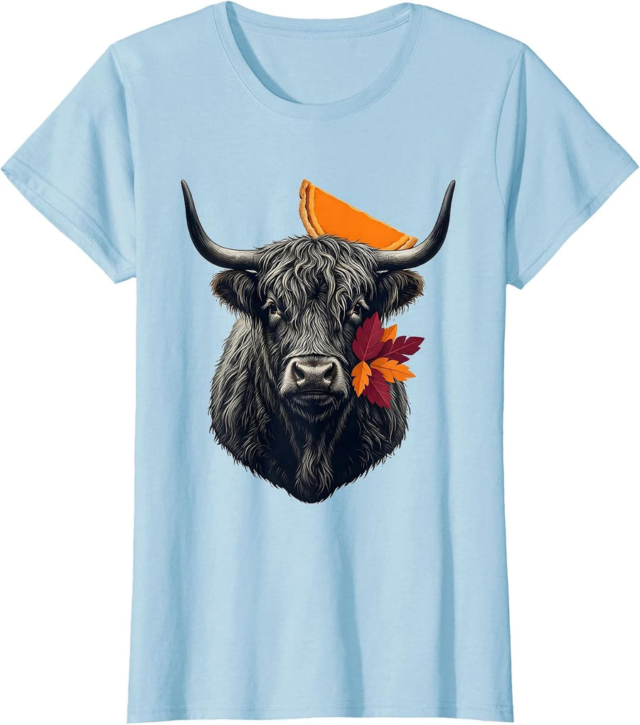 Women's Shaggy Highland Cow Pumpkin Halloween Fall Humor T-Shirt - Baby Blue