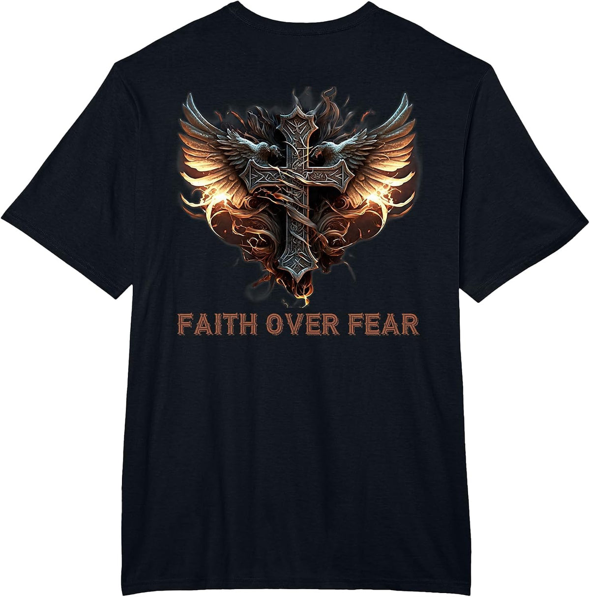 Angel Wings Christian Cross Faith Over Fear - On Back T-Shirt - Black