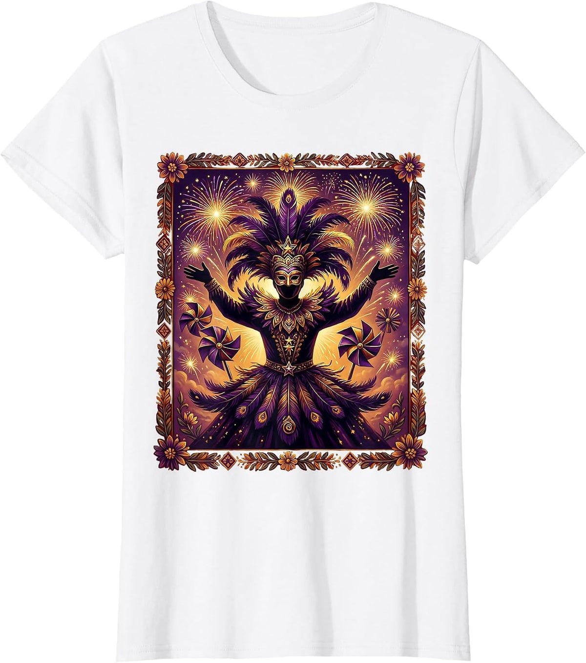 Mardi Gras Masked Reveler Fireworks Silhouette T-Shirt - White
