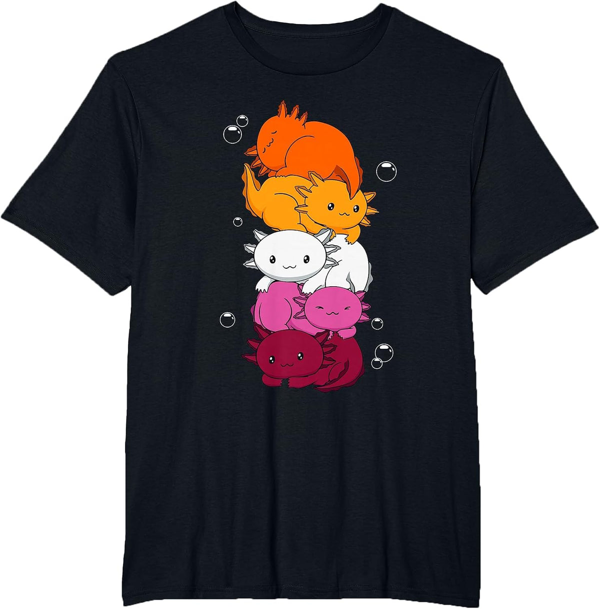 Kawaii Axolotl Pile Lesbian Pride Flag LGBTQ T-Shirt - Black