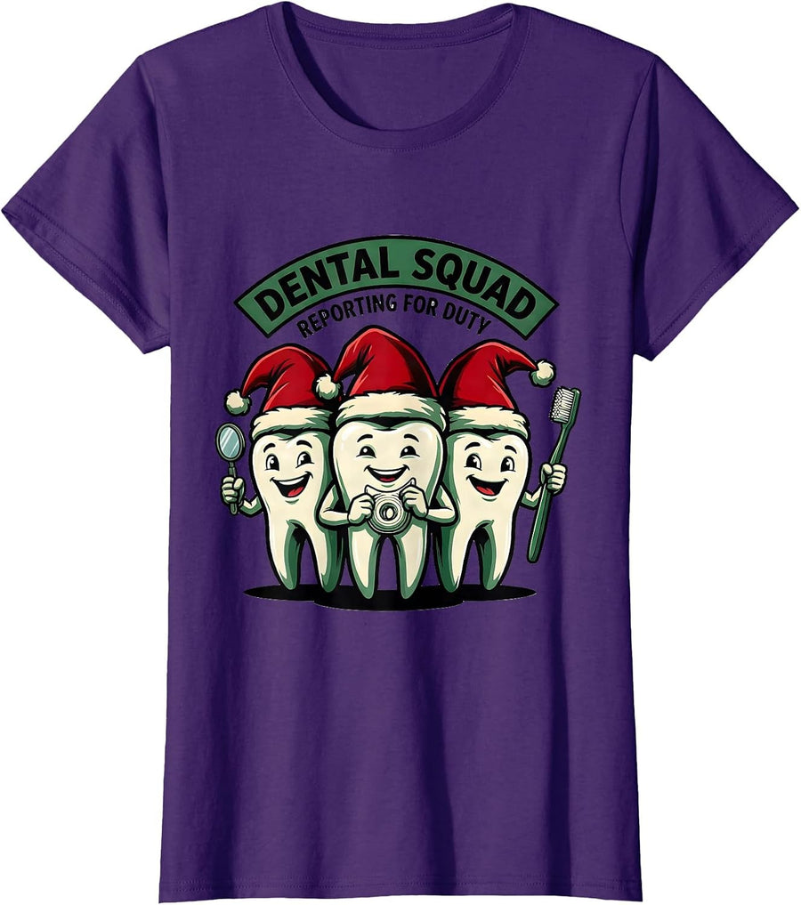 Women's Dental Squad Reporting for Duty Funny Dental Christmas T-Shirt - Purple