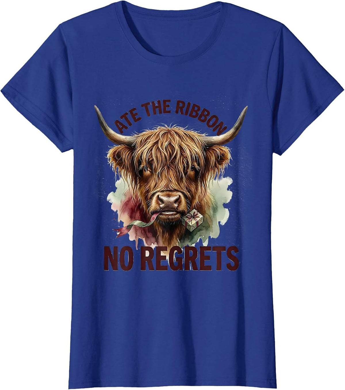 Women's Ate The Ribbon, No Regrets Watercolor Highland Cow Christmas T-Shirt - Royal Blue