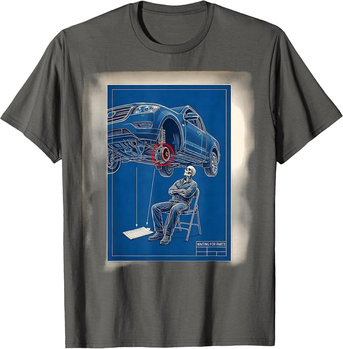 WAITING FOR PARTS Funny Mechanic Skeleton Auto Repair T-Shirt - Asphalt Grey