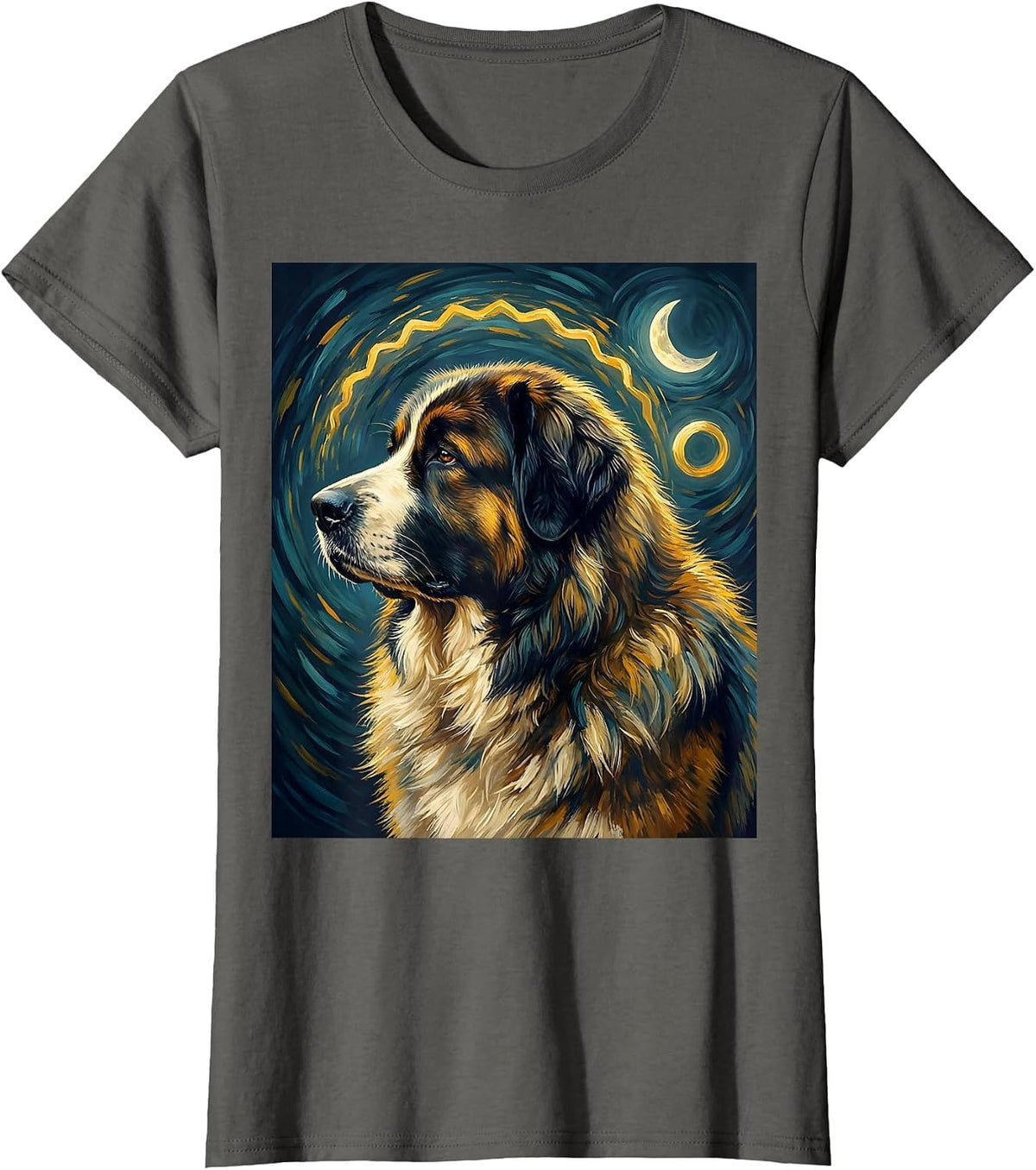 Women's Great Pyrenees Van Gogh Starry Night Dog Breed Portrait T-Shirt - Asphalt Grey