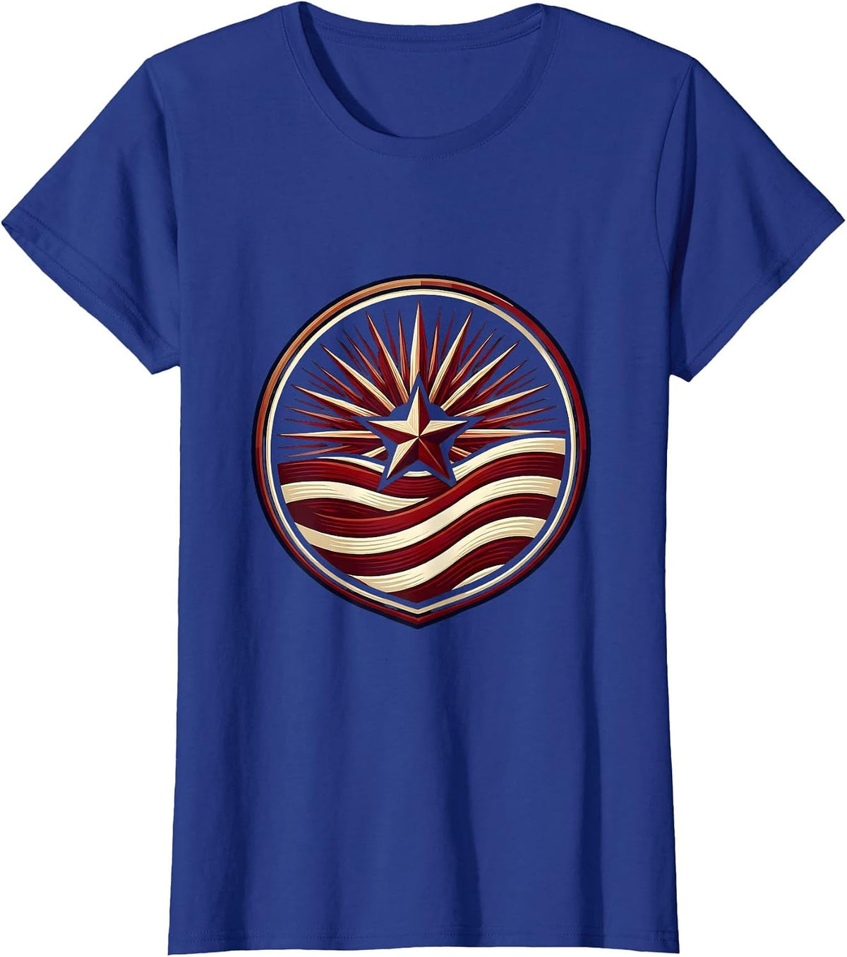 Women's Red White and Blue Sunburst Waving Flag Stripes T-Shirt - Royal Blue