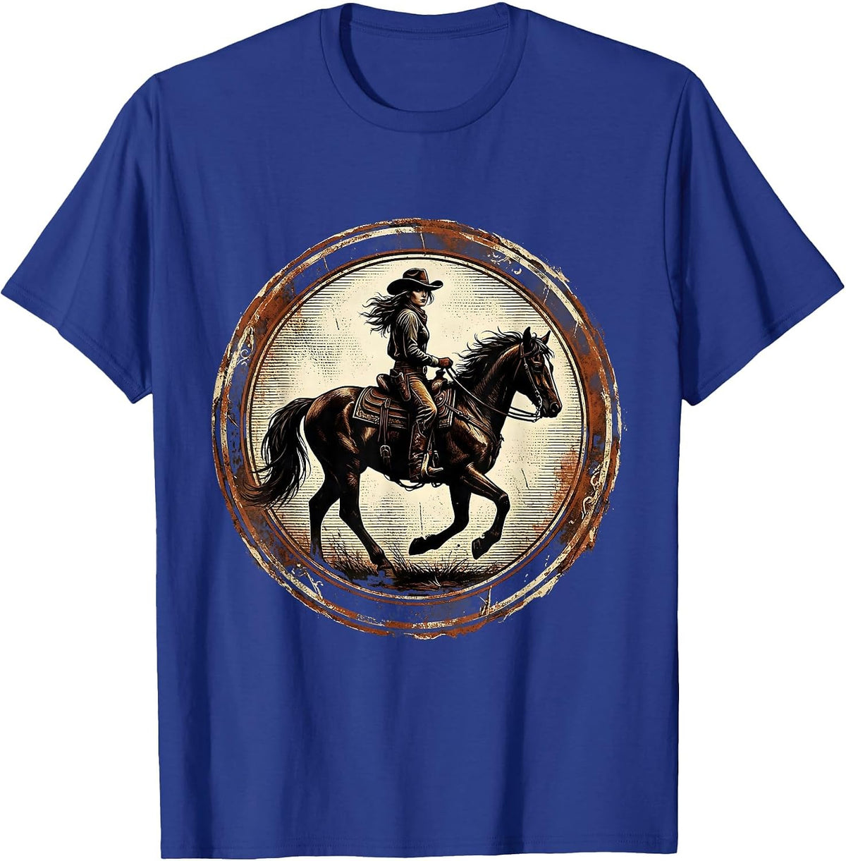Cowgirl Glance Back Horseback Riding Graphic T-Shirt - Royal Blue
