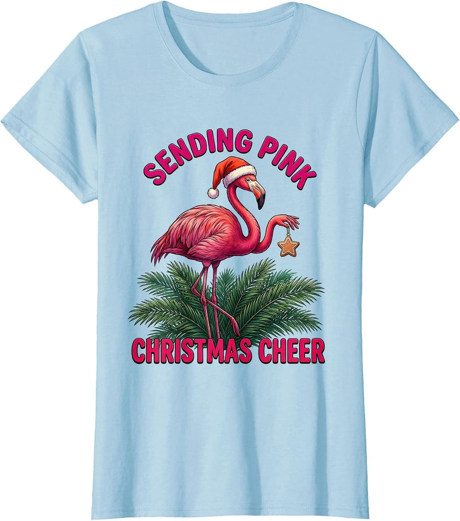 Women's Sending Pink Christmas Cheer Funny Flamingo Santa Hat T-Shirt - Baby Blue