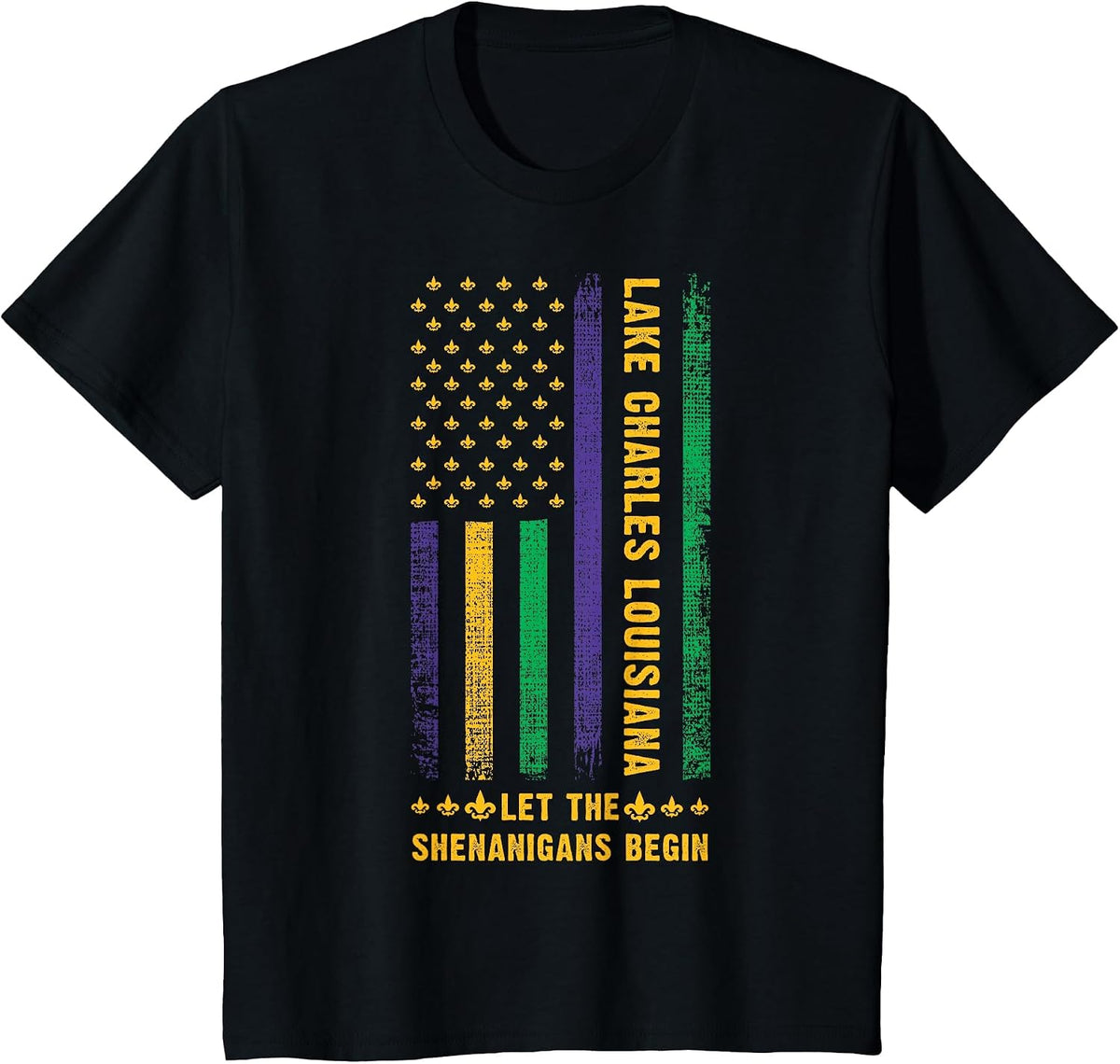 Mardi Gras Lake Charles Louisiana Fleur-De-Lis American Flag T-Shirt - Black