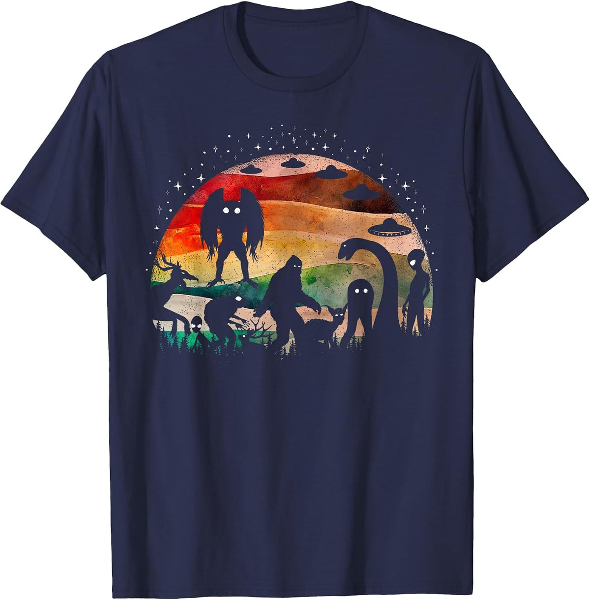 Retro Cryptid Funny Bigfoot Mothman and Aliens Cryptozoology T-Shirt - Navy Blue