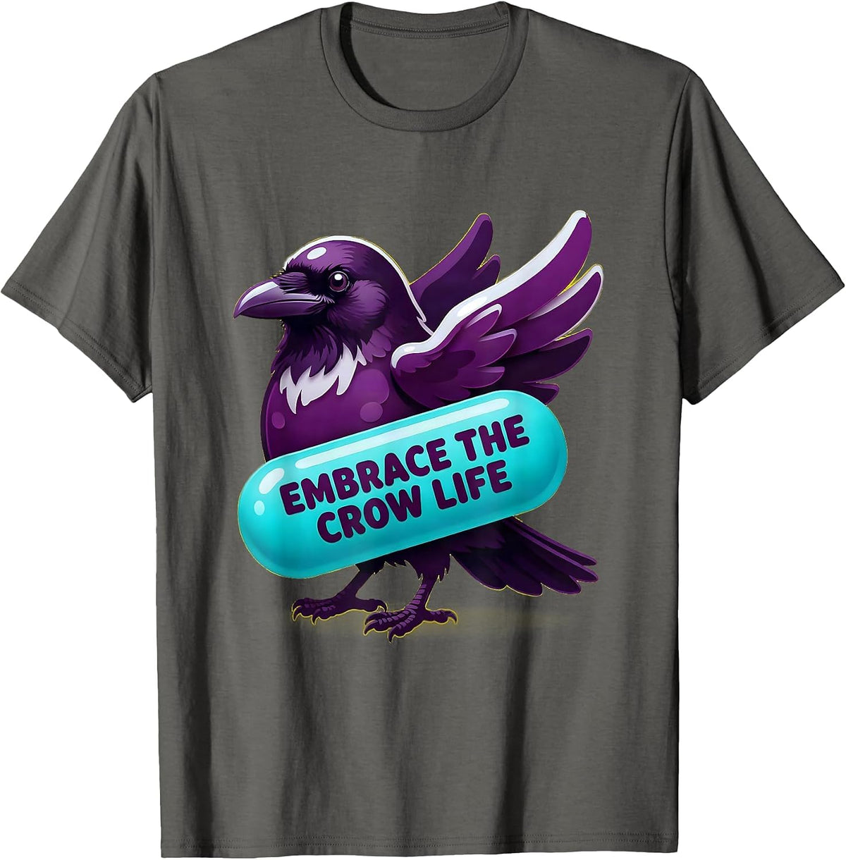 Men's Embrace the Crow Life Dark Bird Design T-Shirt - Asphalt Grey