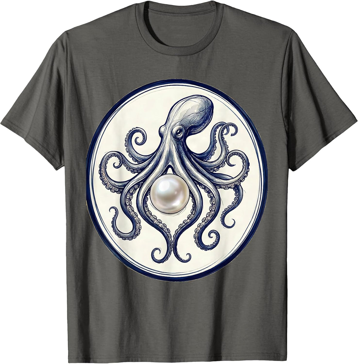 Octopus Cradling a Pearl Lustrous Ocean Art T-Shirt - Asphalt Grey