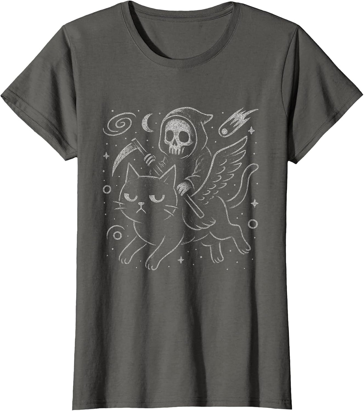 Grim Reaper Cat Space Kitty Funny Goth Grunge Alt Aesthetic T-Shirt - Asphalt Grey