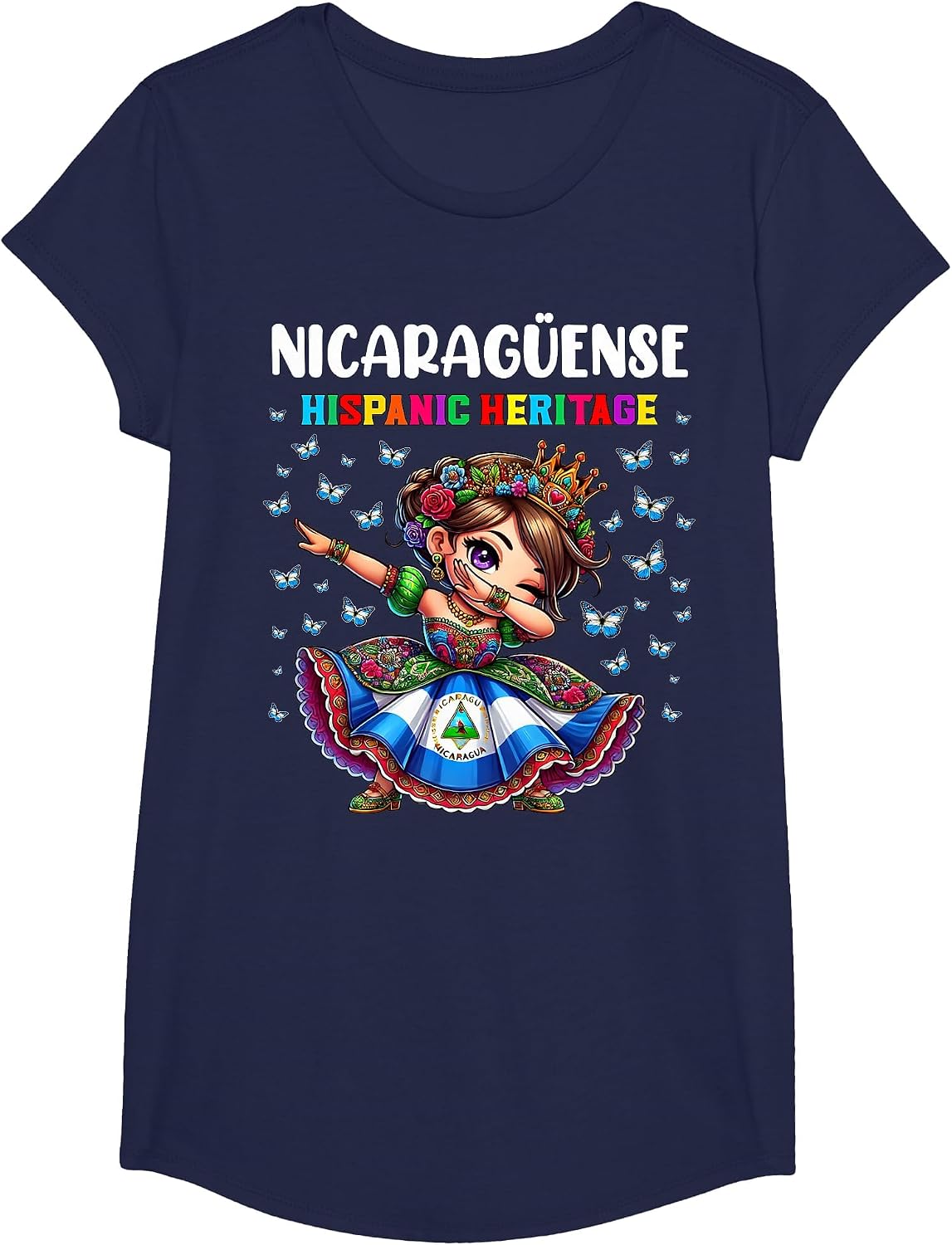 Nicaragua Hispanic Heritage Month Celebration Girls Kids T-Shirt - Girls Navy Blue