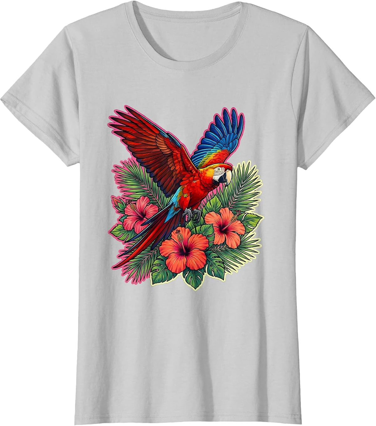 Women's Macaw in Flight Over Jungle Canopy Hawaiian T-Shirt - Silver Grey